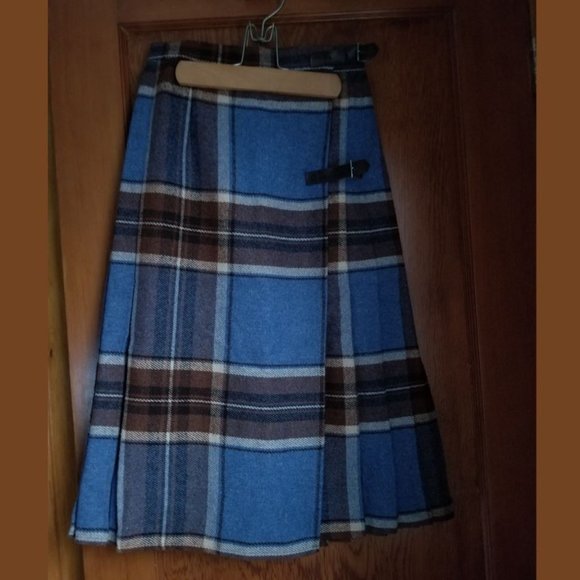 Vintage 70s, kilt skirt, mid-calf, wool blend, blue, browns, Dorethy Perkins - Picture 1 of 7